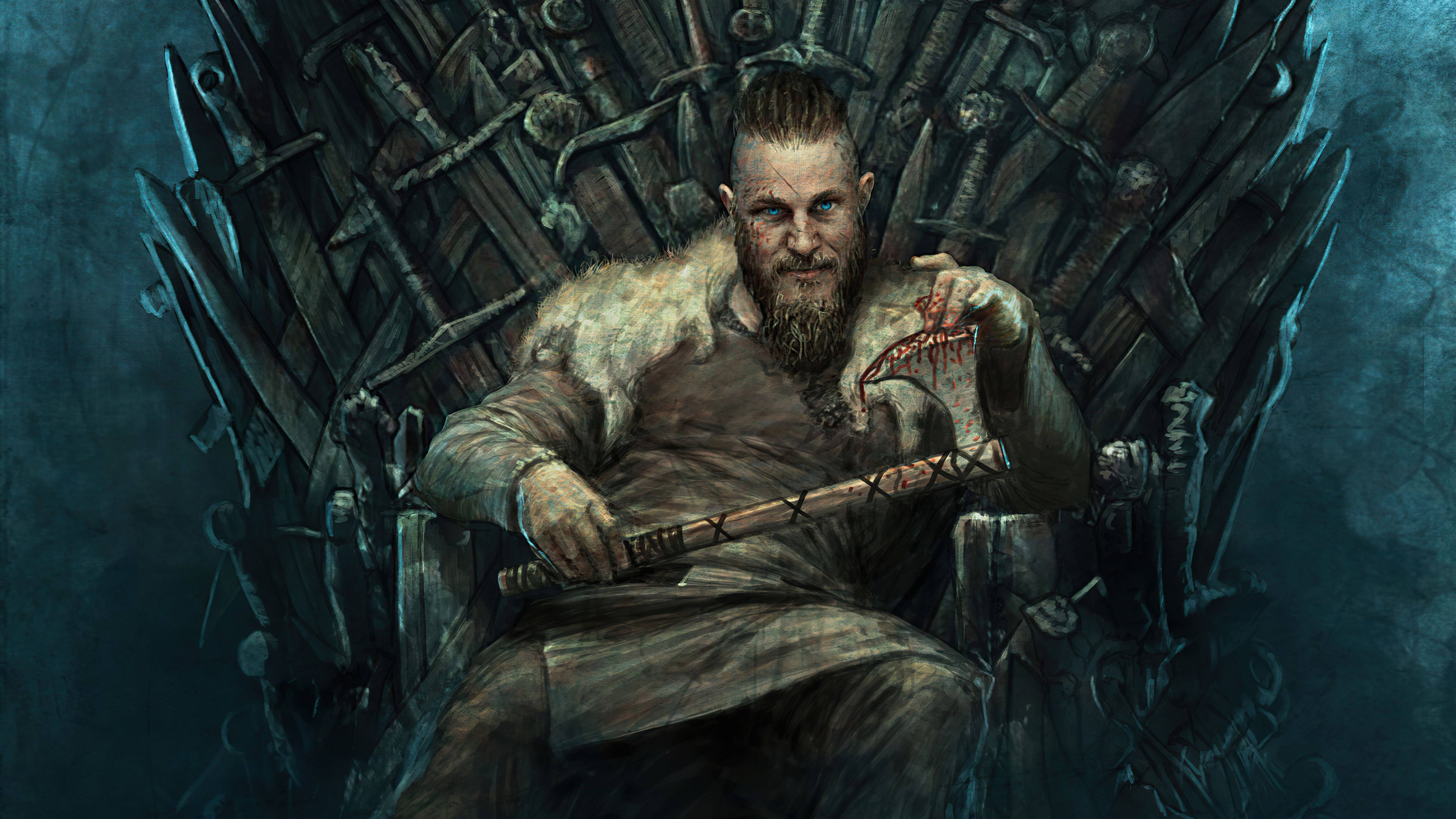 Ragnar Lothbrok 4K Sa Iron Throne Wallpaper
