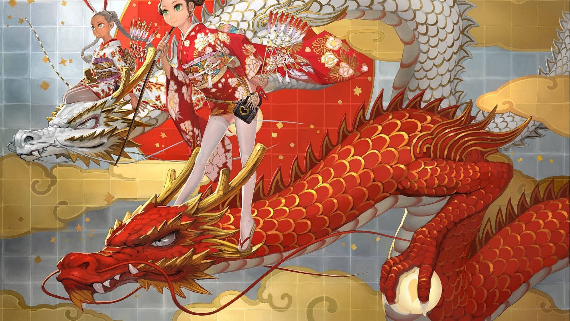 Red At White Japanese Dragon PC Wallpaper