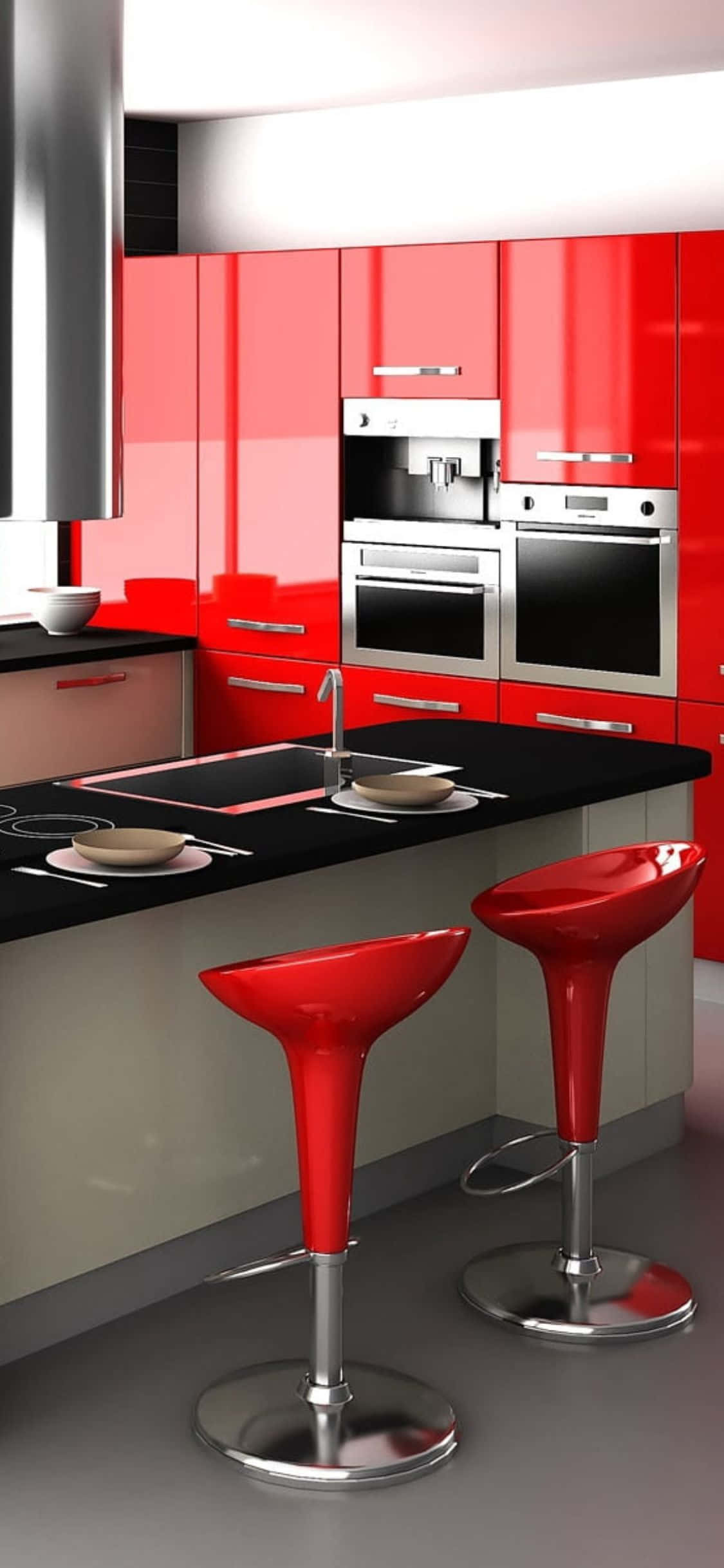 Red Cabinets, Red Chair iPhone Xs Kitchen Background Wallpaper