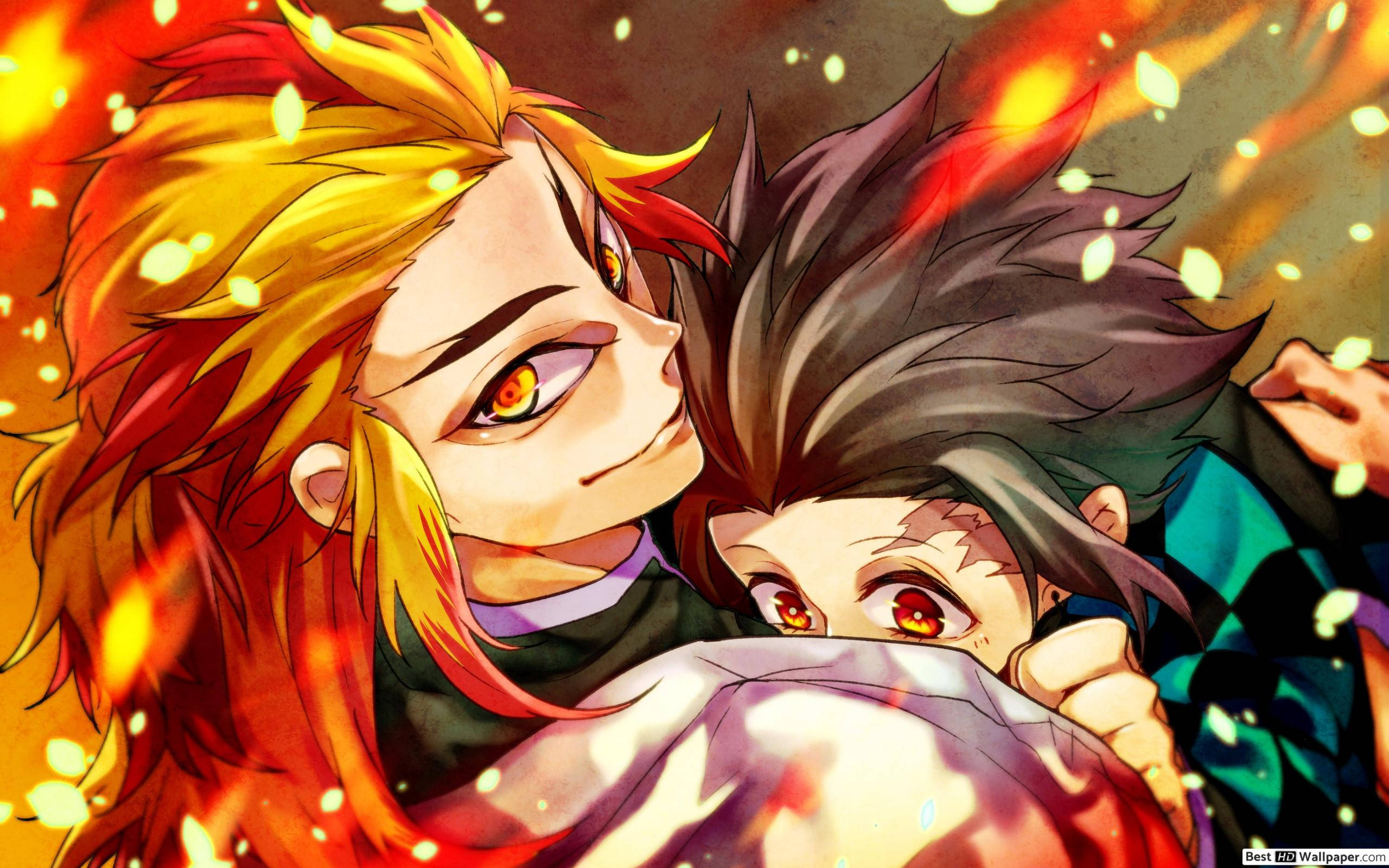 Sina Rengoku at Tanjiro—mga karakter ng Demon Slayer na lumalaban sa kasamaan Wallpaper