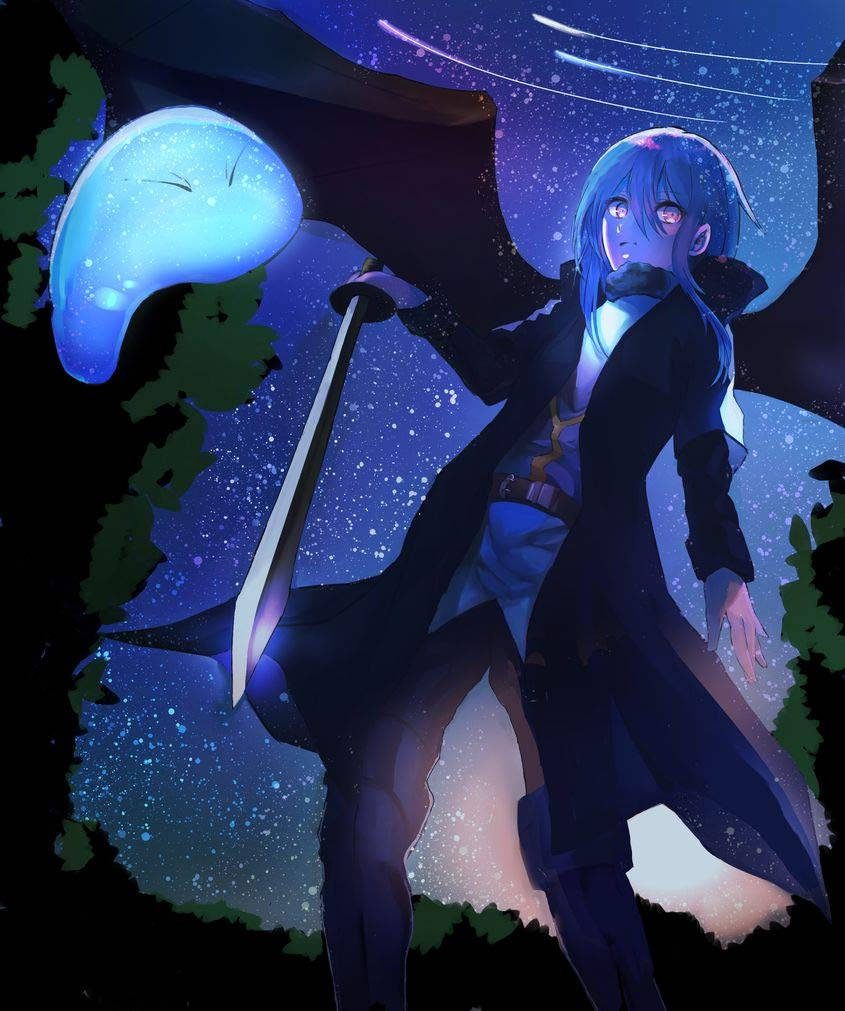 Rimuru, ang slime mula sa That Time I Got Reincarnated As A Slime, nakatayo sa gitna ng kanyang mga kaibigan at tagasunod Wallpaper