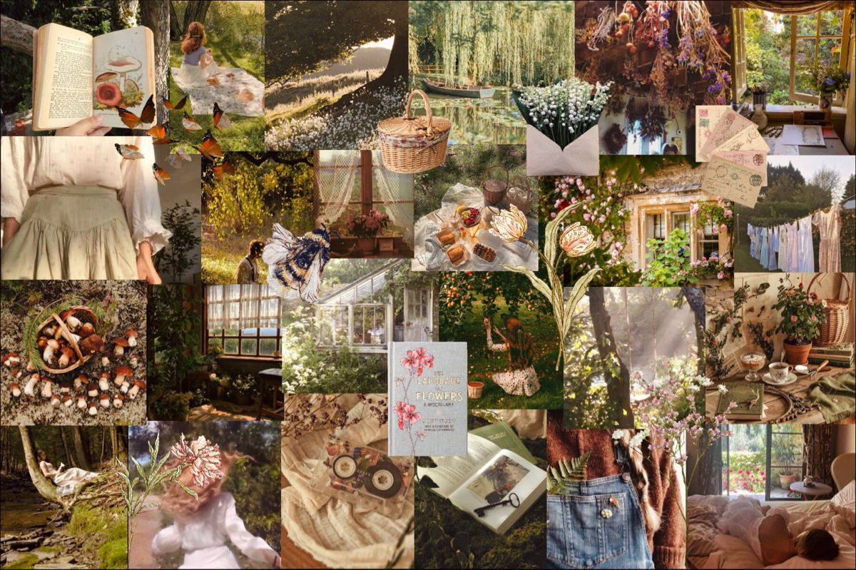 Romantikong Collage ng Kanayunan na Cottagecore Desktop Wallpaper
