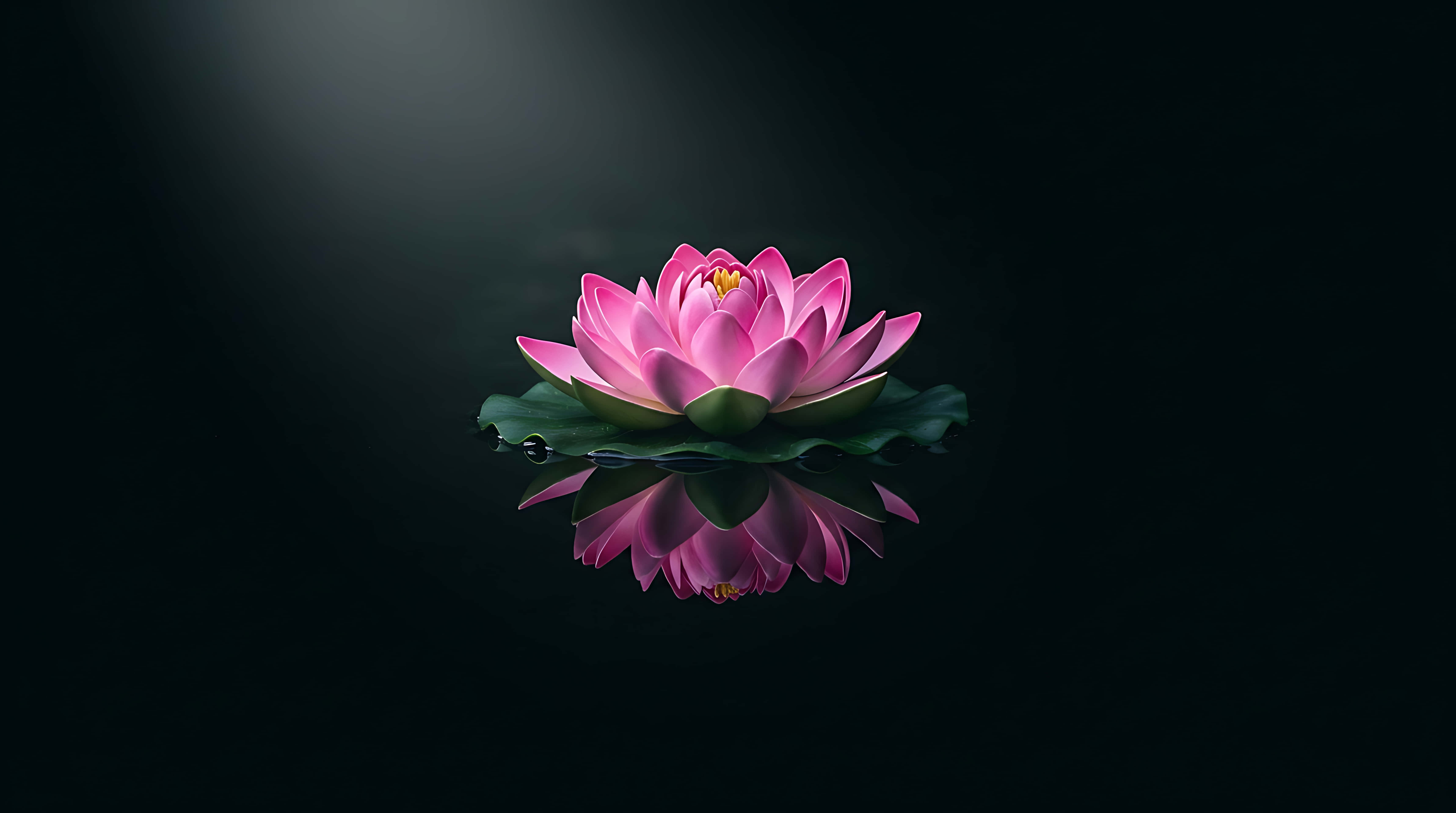 Rosas na Bulaklak ng Lotus na Lumulutang sa Madilim na Tubig na May Perpektong Reflection, Minimalistang Konsepto ng Zen Wallpaper
