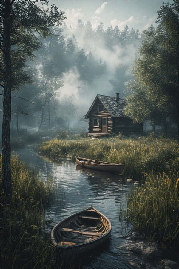 Rustik na Kubo sa Pampang ng Ilog na Mapayapaang Kagubatan 4K Wallpaper