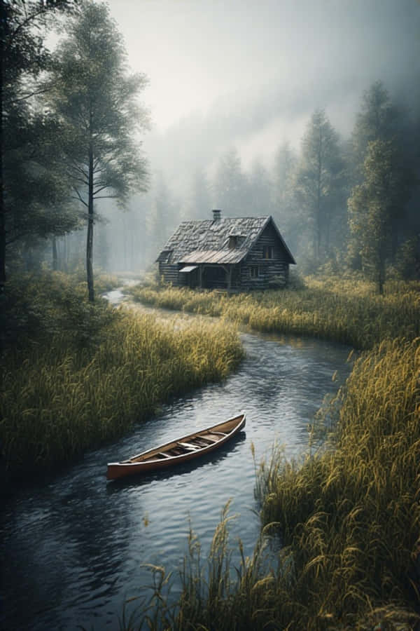 Rustik na Kubo sa Pampang ng Ilog na Mapayapaang Kagubatan 4K Wallpaper