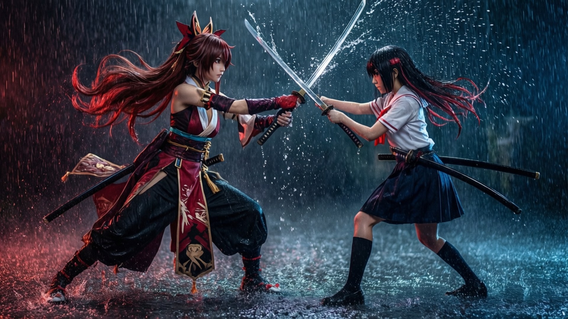 Ryuuko at Satsuki, Naglalaban sa Ulan Wallpaper