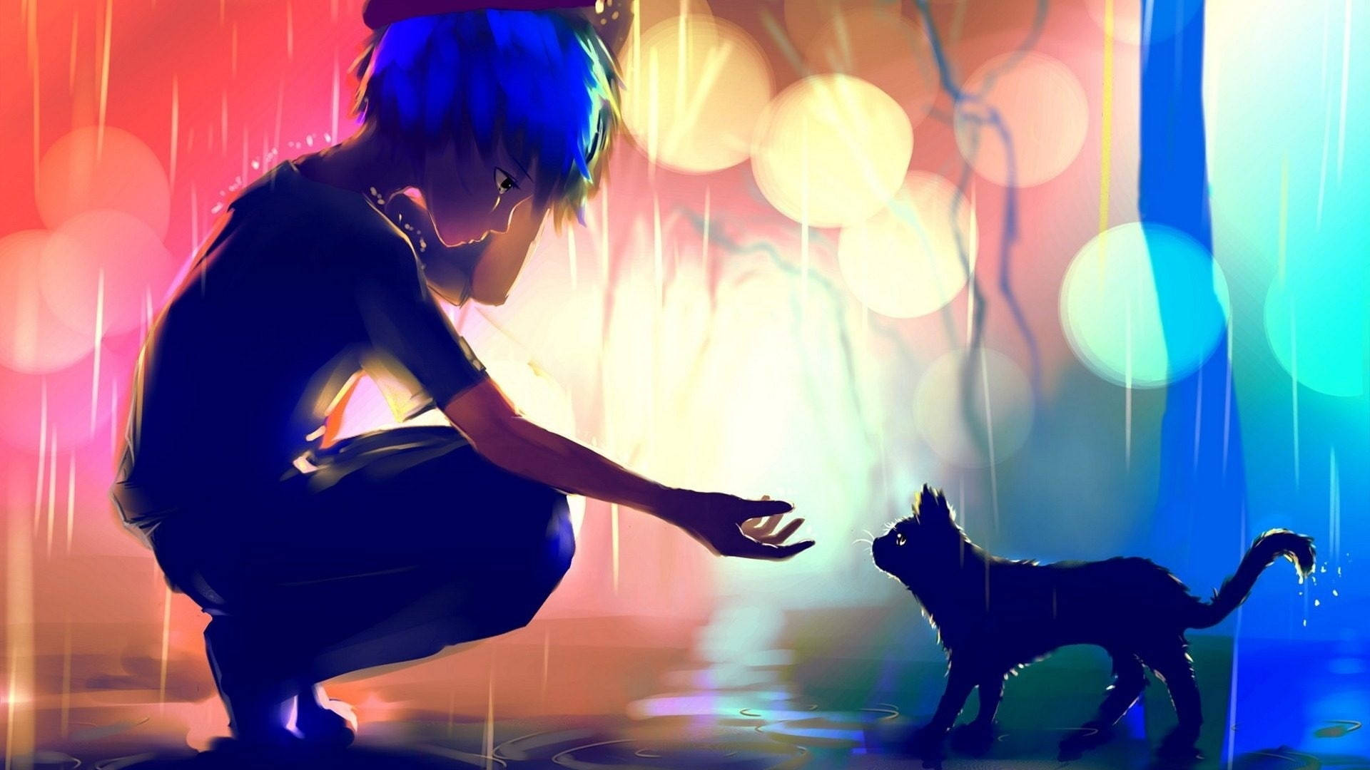Sad Boi Hinahaplos ang Itim na Pusa Wallpaper