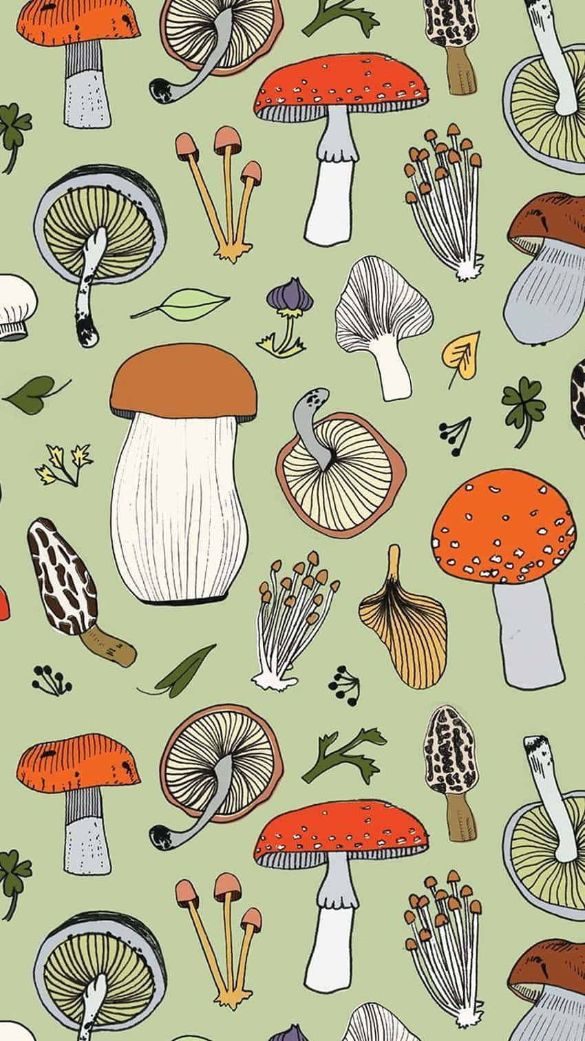 Sage Green na Vintage na Cute na Mushroom at Flora Mix Wallpaper