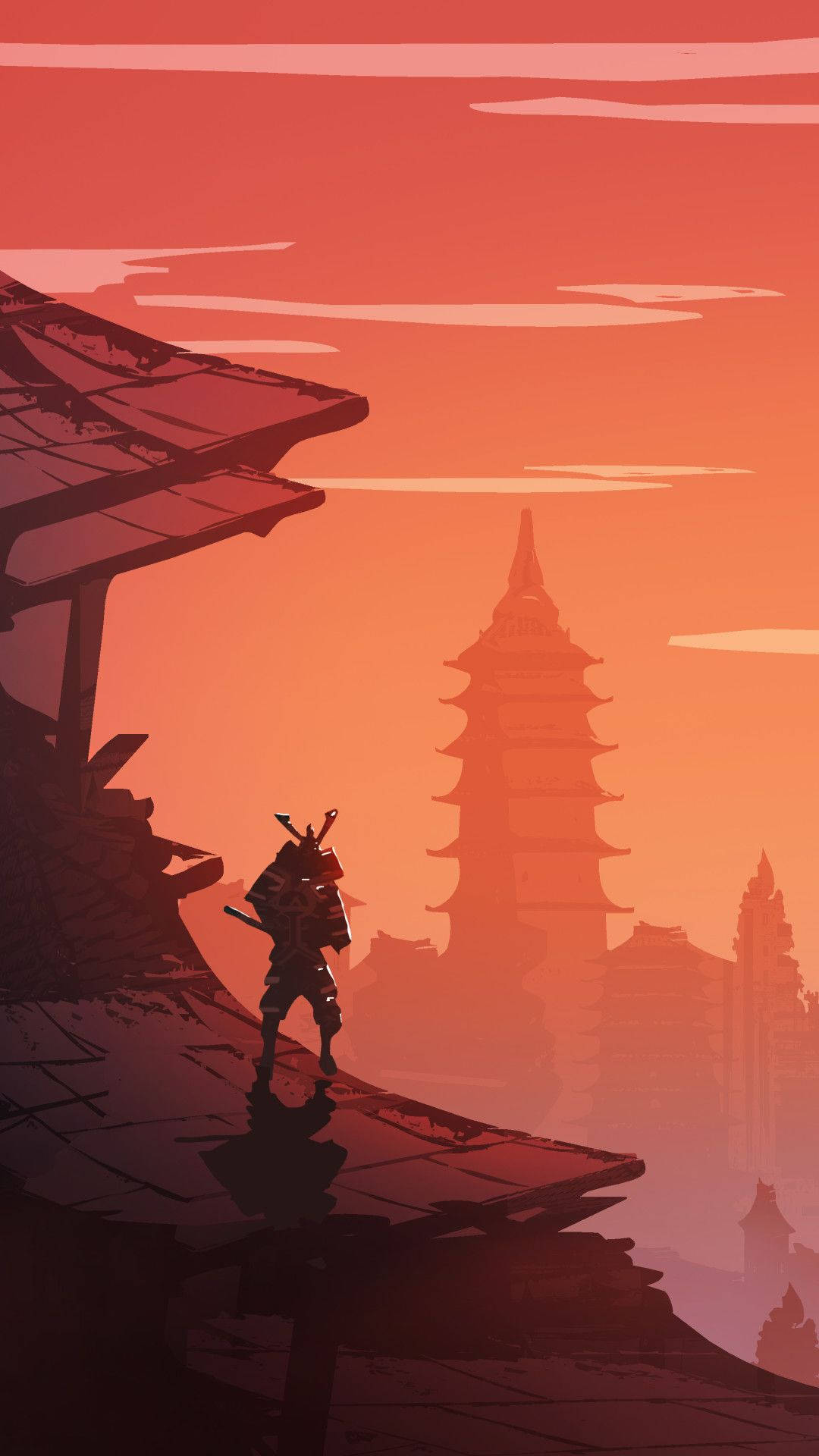Samurai Hapon at Templo sa Paglubog-lubog ng Araw Wallpaper