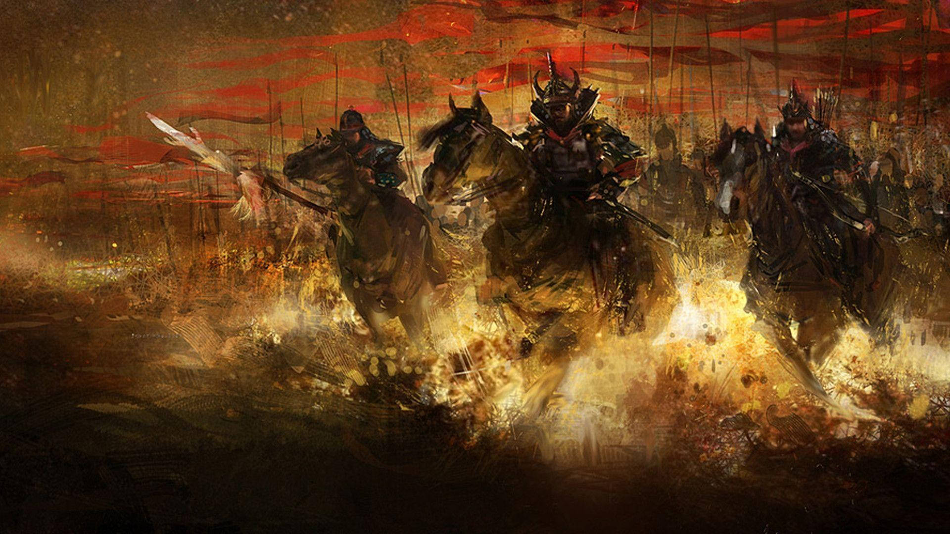 Samurai Hapon na may Apoy at Kabayo Wallpaper