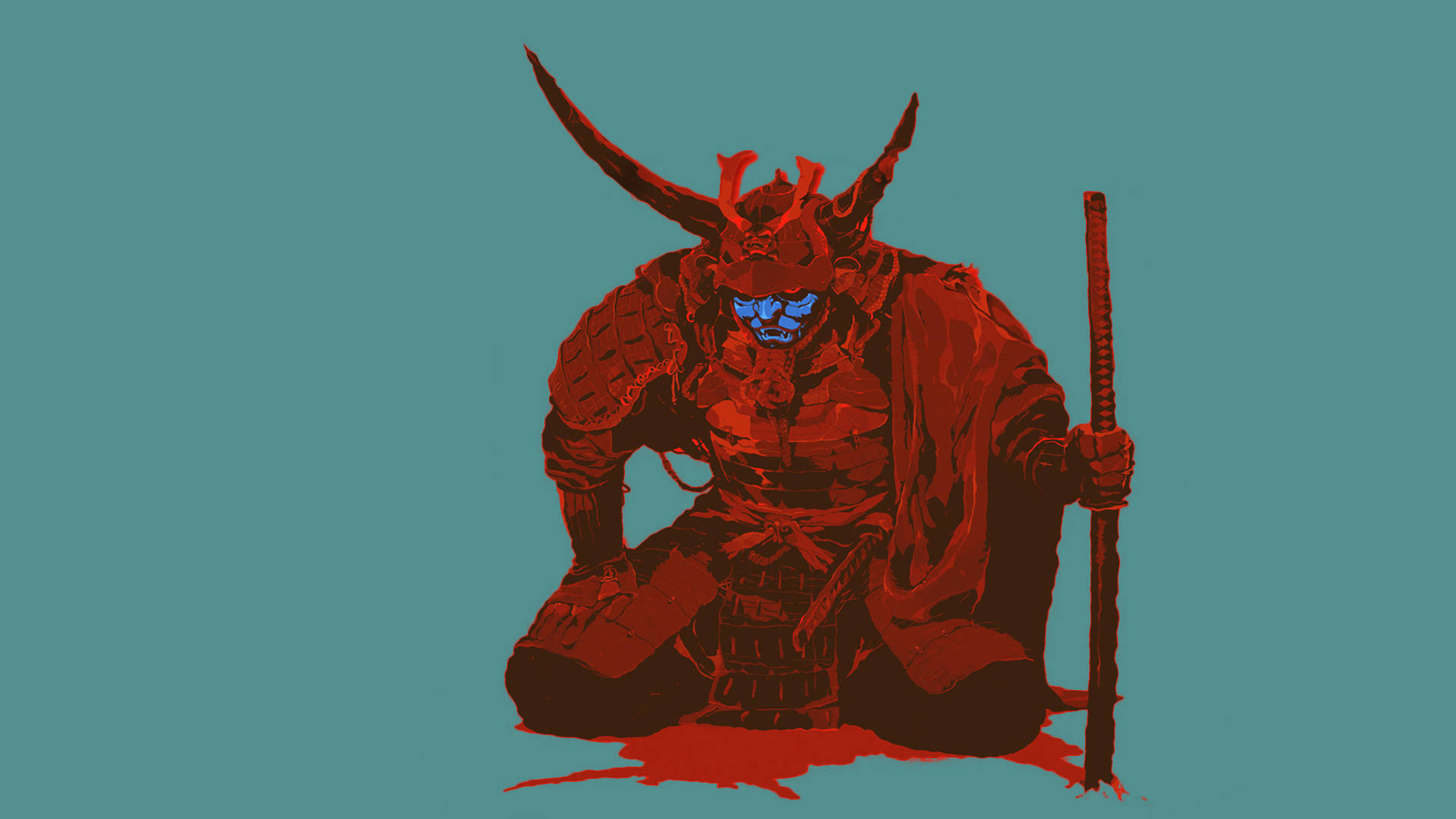 Samurai Hapon na Teal na Background Wallpaper