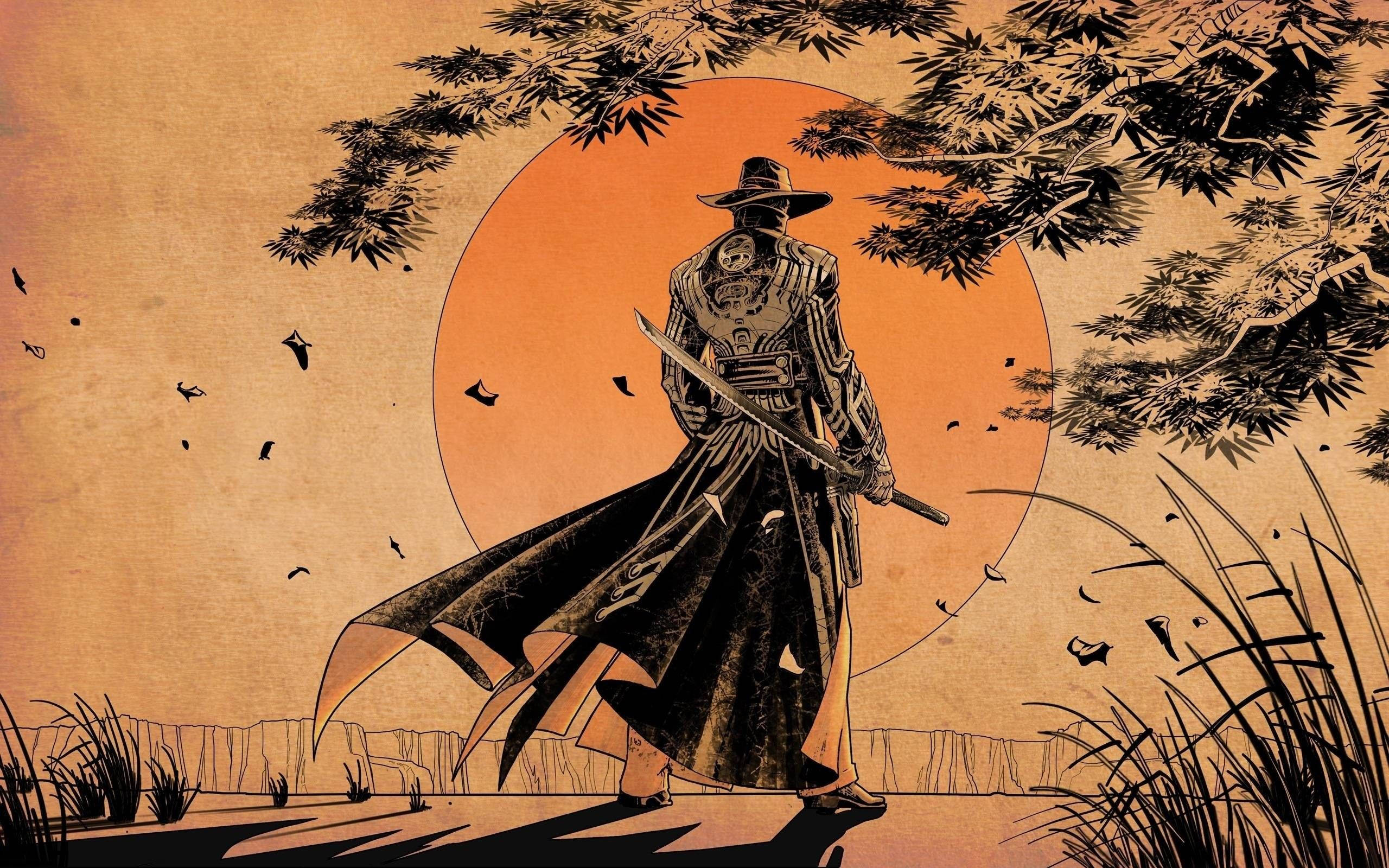 Samurai na Sombrerong Koboy ng Hapon Wallpaper