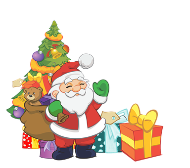 Santa Claus na may Christmas Tree at mga Regalo Wallpaper