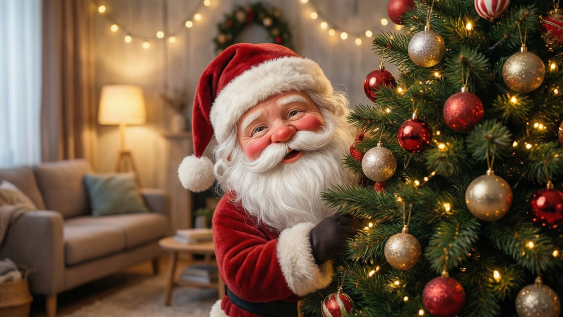 Santa na Sumisilip sa Likod ng Puno Wallpaper