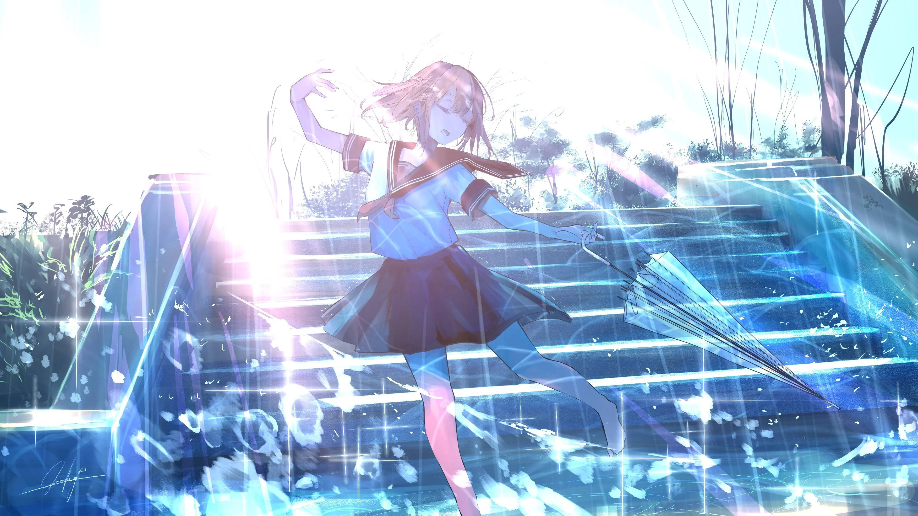 Sayaw ng Mag-aaral na Babae sa Anime sa Ulan Wallpaper