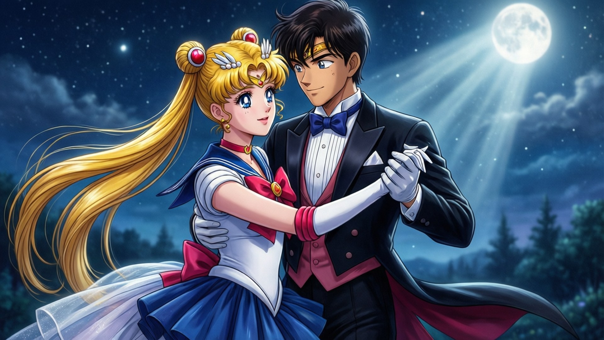Sayaw ni Usagi at Mamoru sa Liwanag ng Buwan Wallpaper