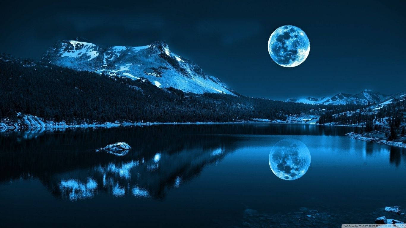 Serene Aesthetic of a Blue Lake with a Full Moon Wallpaper
