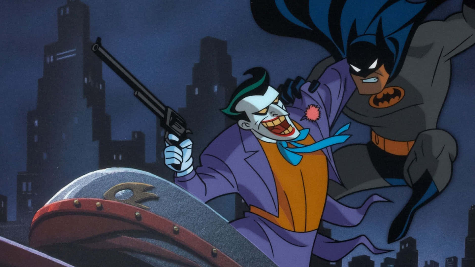Seryeng Animado ng Batman Ang Joker na May Baril Wallpaper