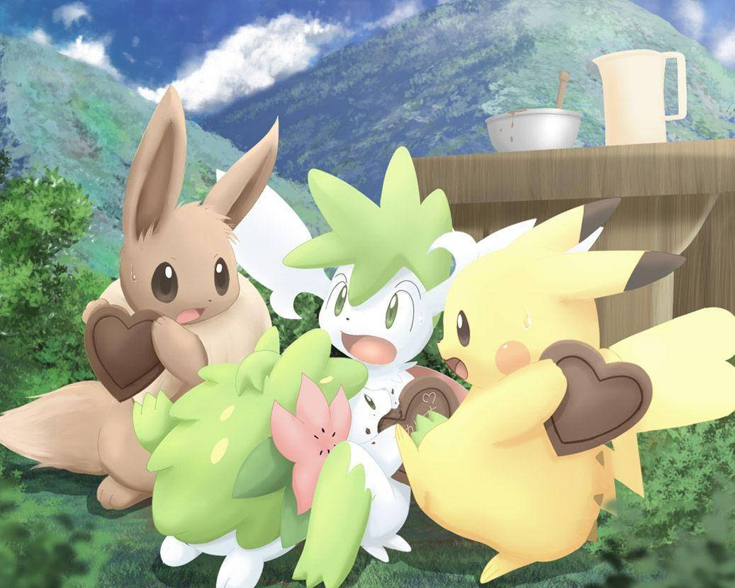 Shaymin Nakikipaglaro kay Pikachu at Eevee Wallpaper