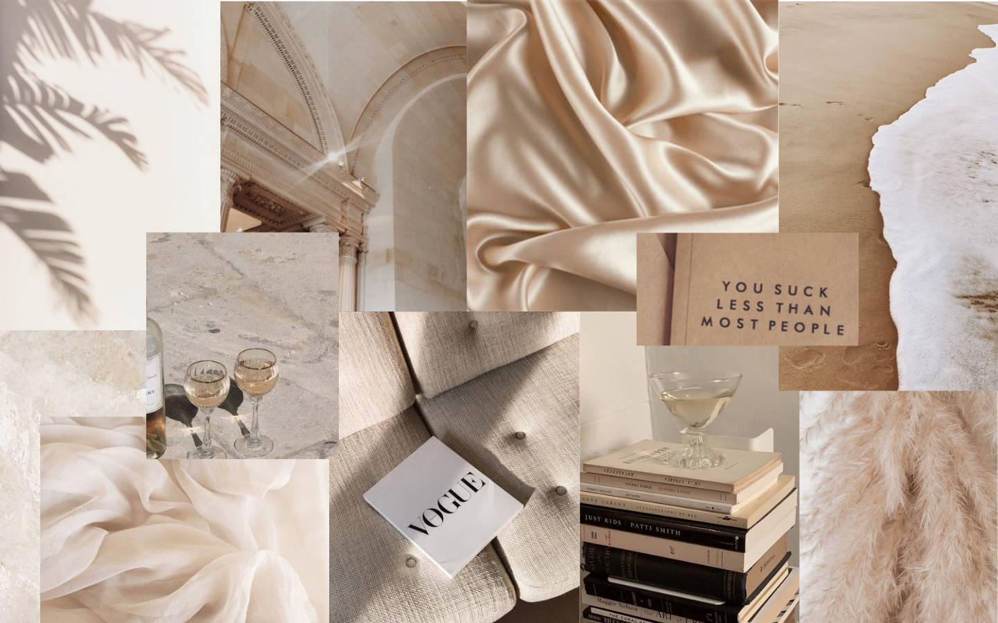 Sheets at Books Collage Beige Aesthetic Desktop Wallpaper