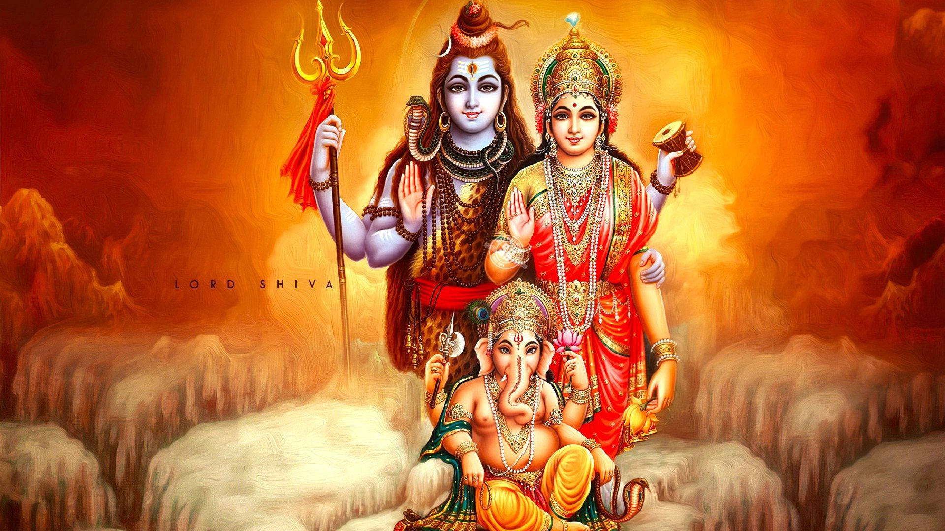 Shiva Parvati Ganesha Pulang Kahel na Background Wallpaper