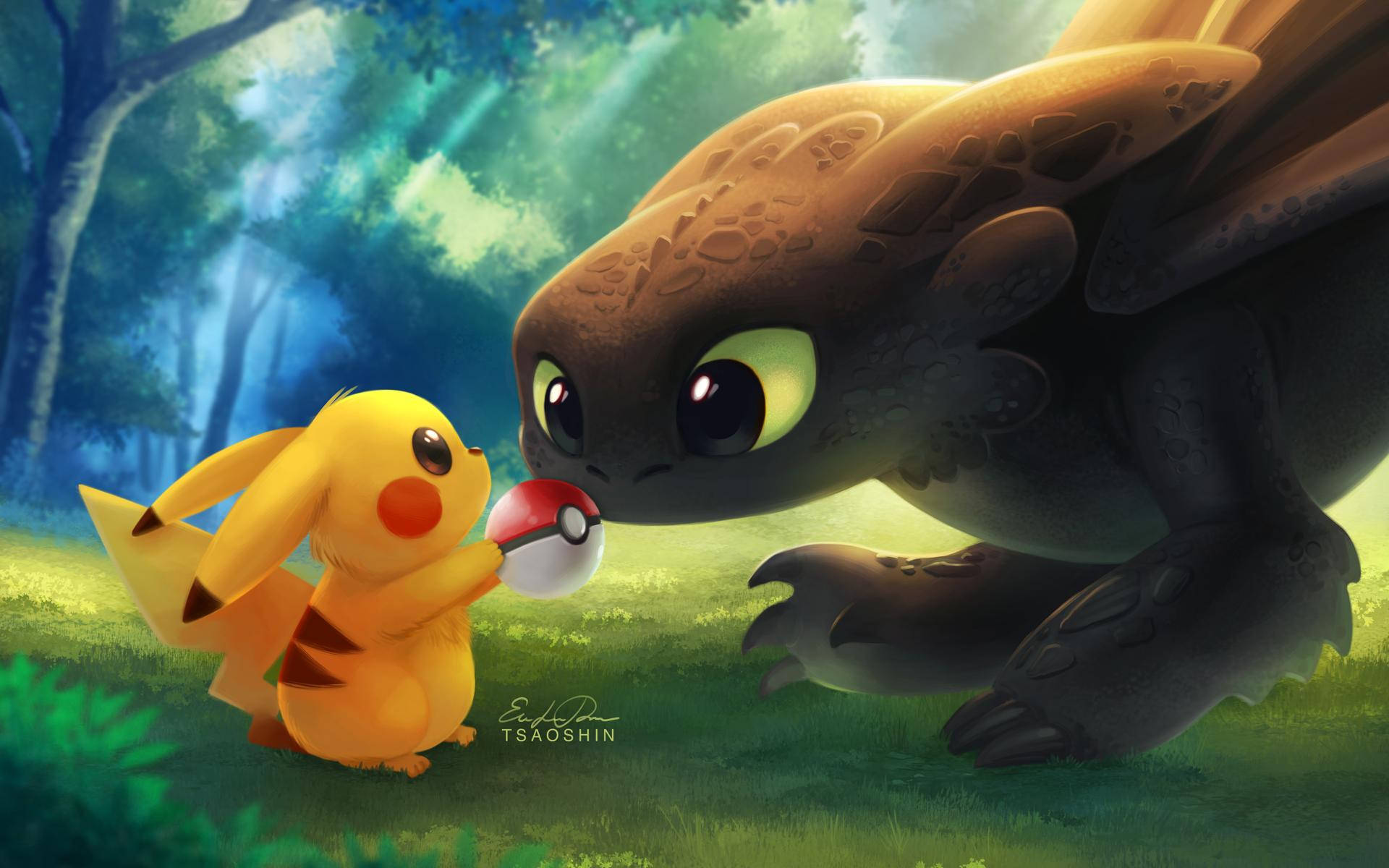 Pagpapakita ng suporta para sa dalawang totoong-buhay na alamat – sina Pikachu at Toothless. Wallpaper