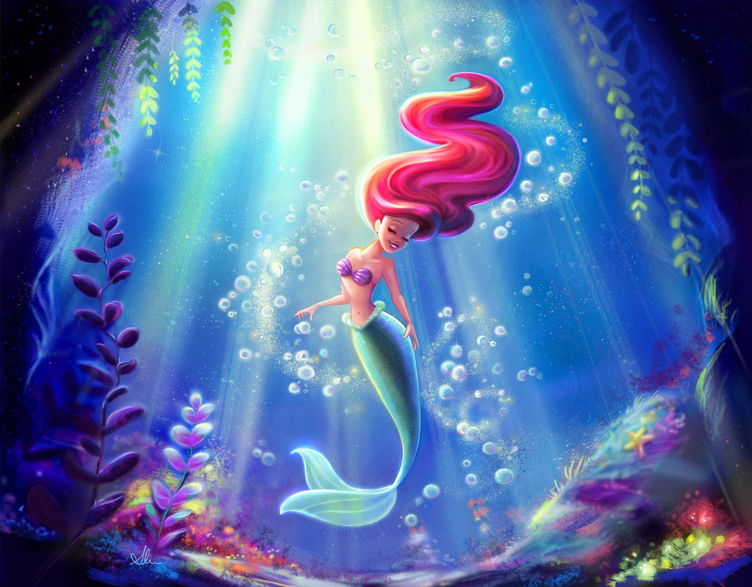 Si Ariel, ang Little Mermaid, ay sumasayaw sa ilalim ng dagat Wallpaper