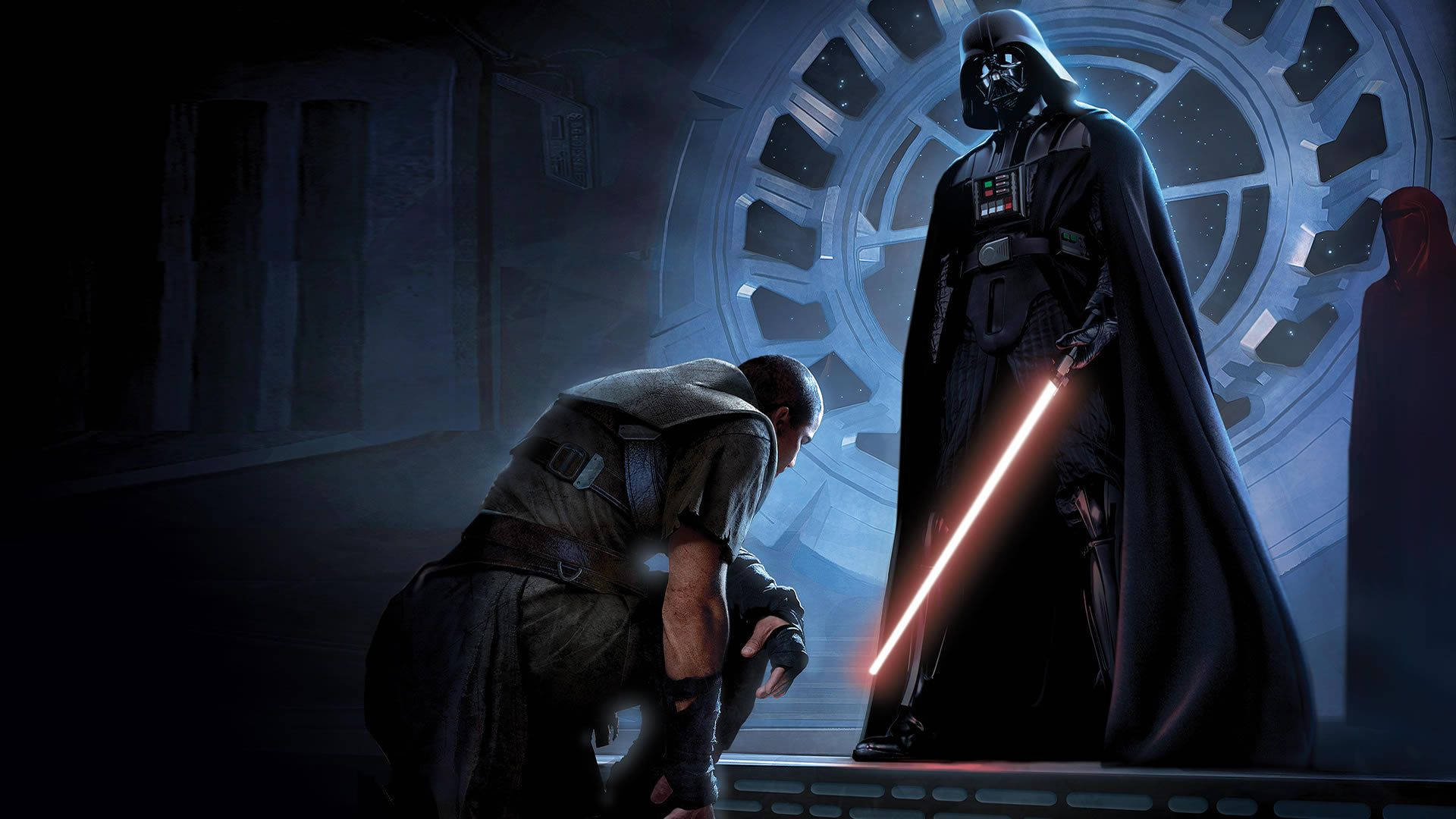 Si Darth Vader ay nakatayo sa itaas ng isang lightsaber Wallpaper