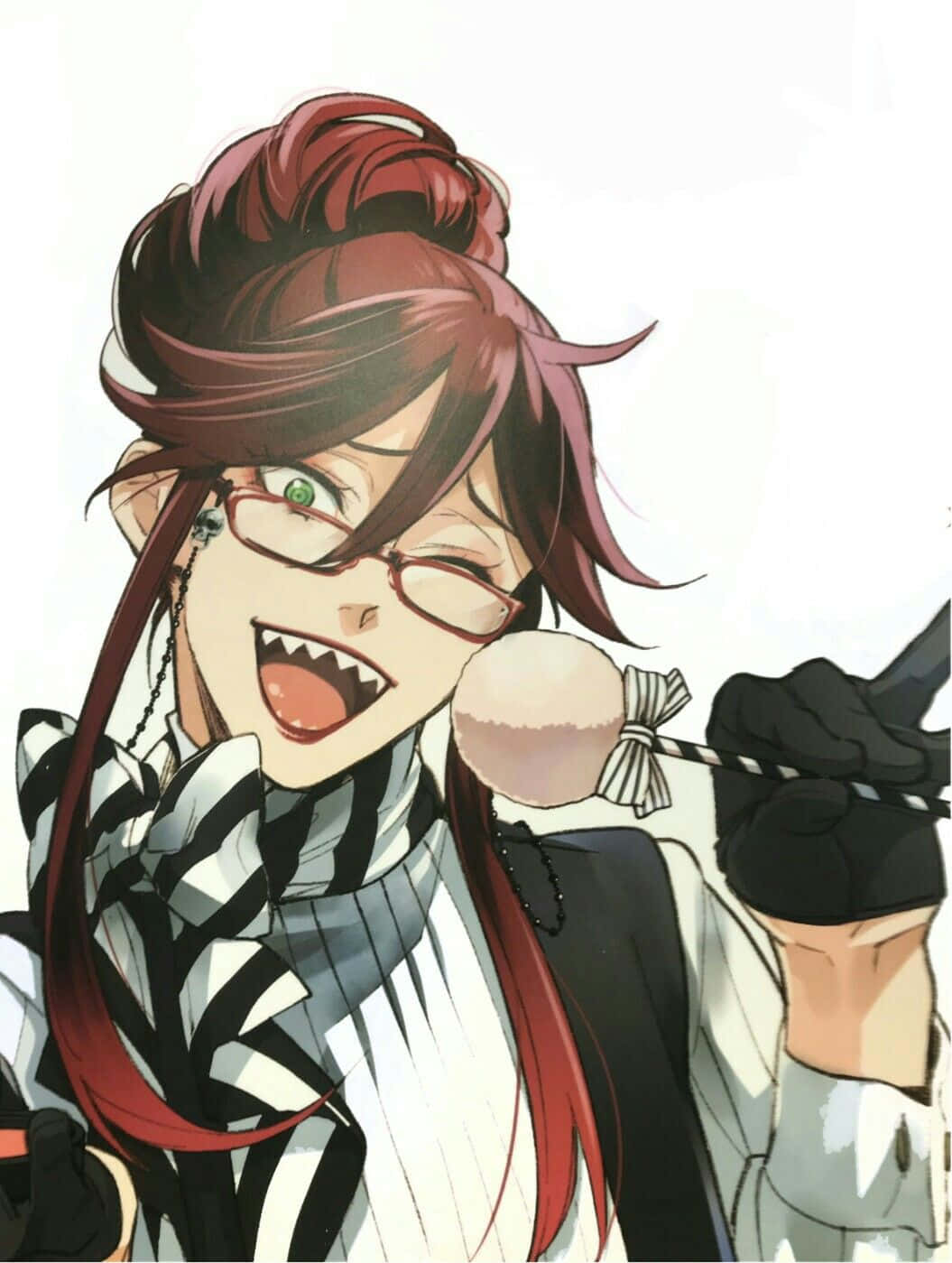 Si Grell Sutcliff na nagpapakita ng makulay at mabangis na pose sa isang nakakabighang ilustrasyon. Wallpaper
