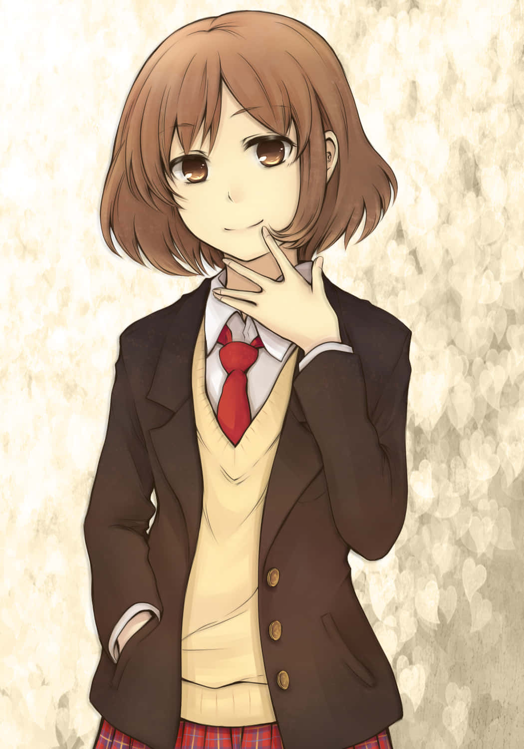 Si Haruhi Sasaki na nagpapakita ng pose laban sa isang scenic background Wallpaper