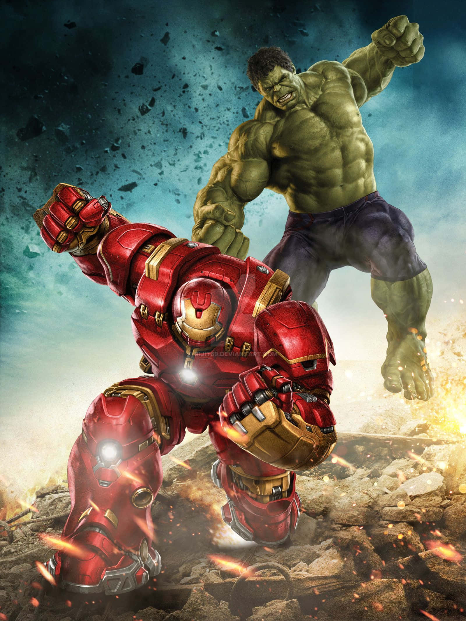 Si Iron Man at ang Hulk ay naghaharap sa isang epikong labanan Wallpaper