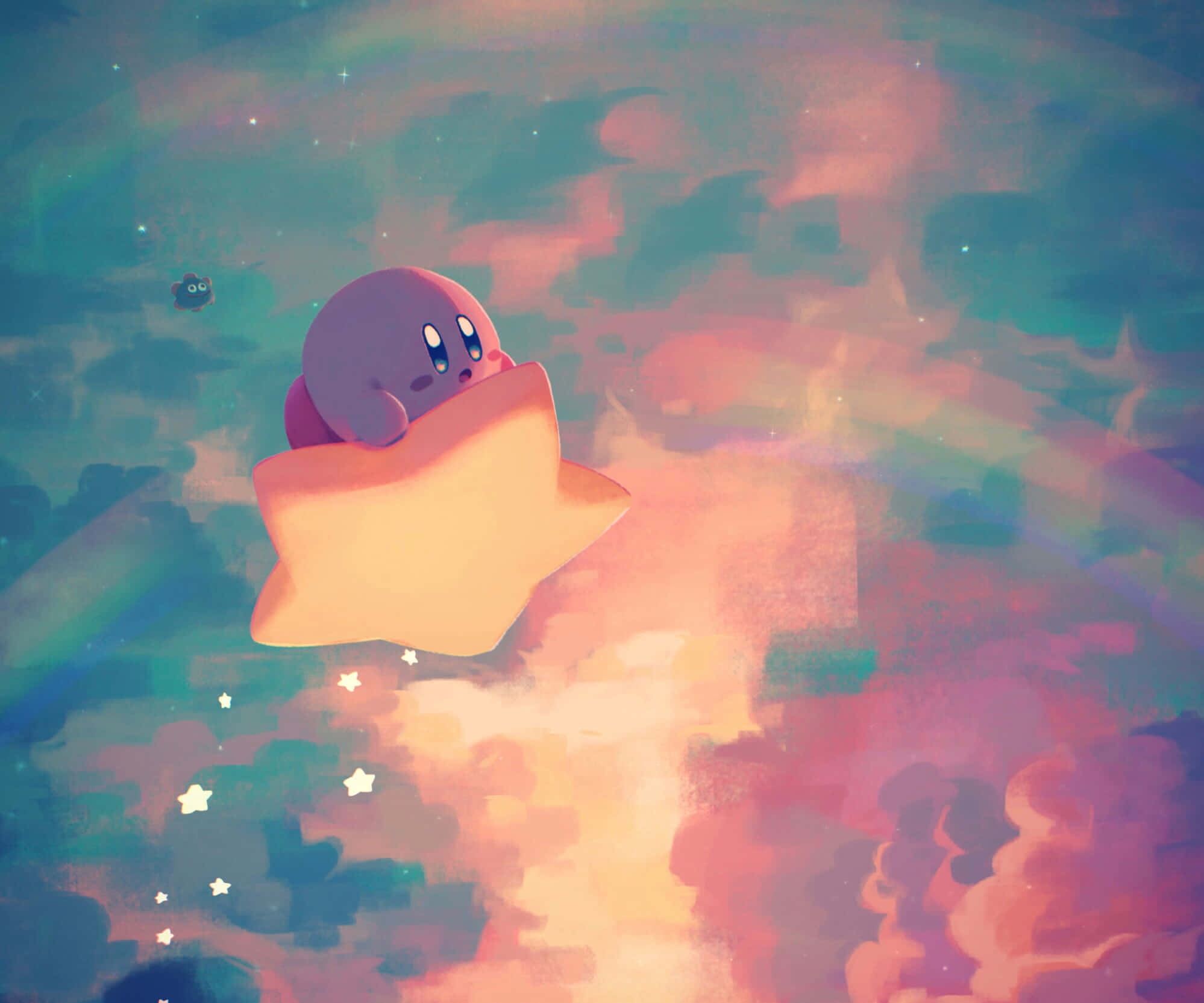 Si Kirby ay lumilipad sa makulay at masiglang kalangitan. Wallpaper