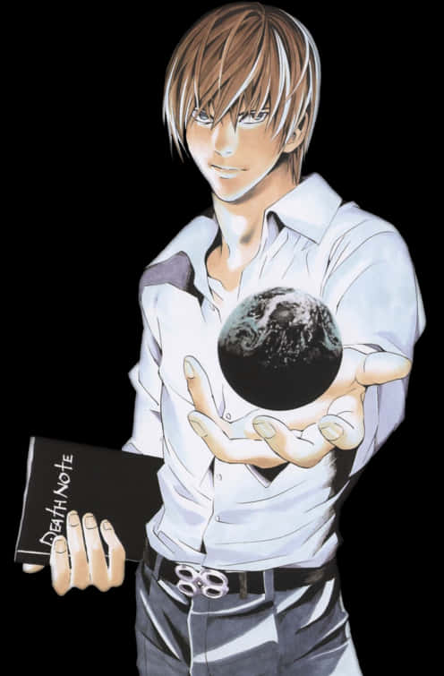 Si Light Yagami na May Hawak na Death Note at Mundo Wallpaper