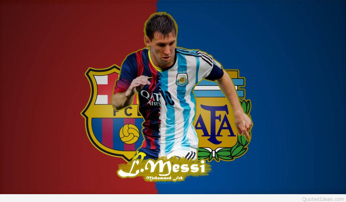 Si Lionel Messi na Nagdiriwang Kasama ang Logo ng Barcelona at Argentina Wallpaper