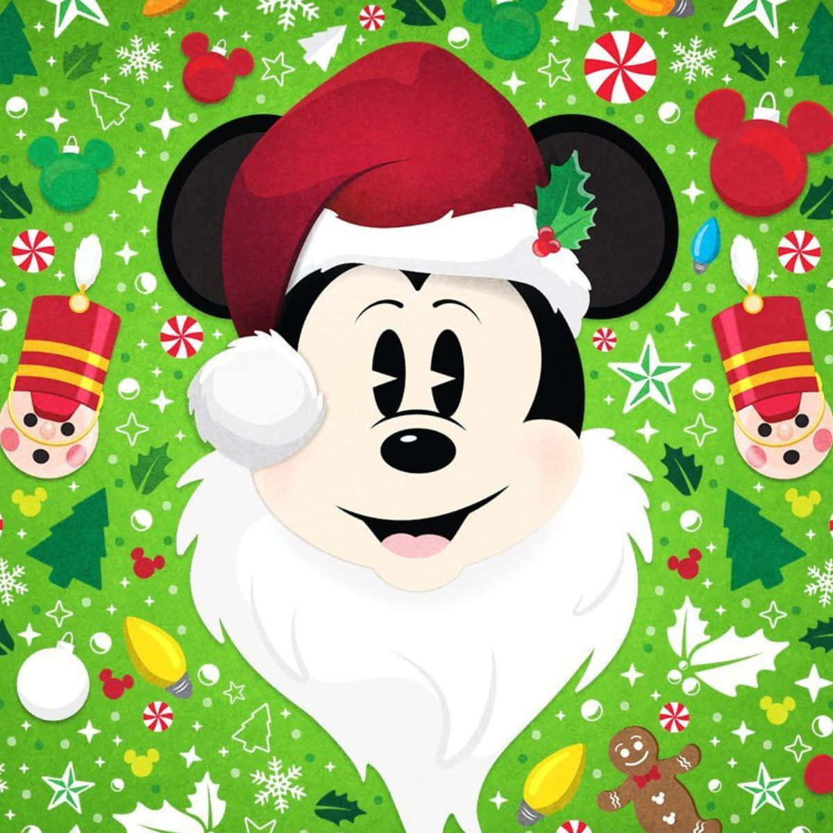 Si Mickey Mouse na may suot na sombrerong Santa at mga palamuting Pasko Wallpaper