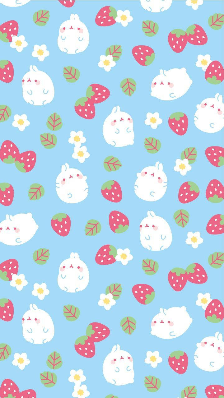 Si Molang na Nag-eenjoy sa Isang Malaking Strawberry sa Estilong Kawaii Wallpaper