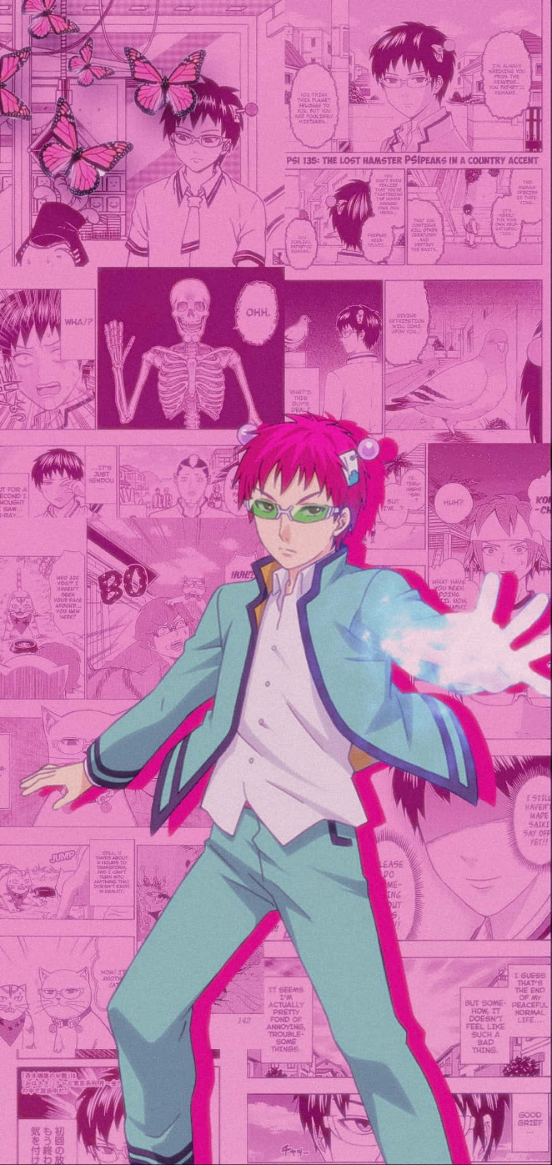 Si Saiki Kusuo gamit ang kanyang psychic powers sa anime na "Saiki Kusuo No Psi Nan" Wallpaper