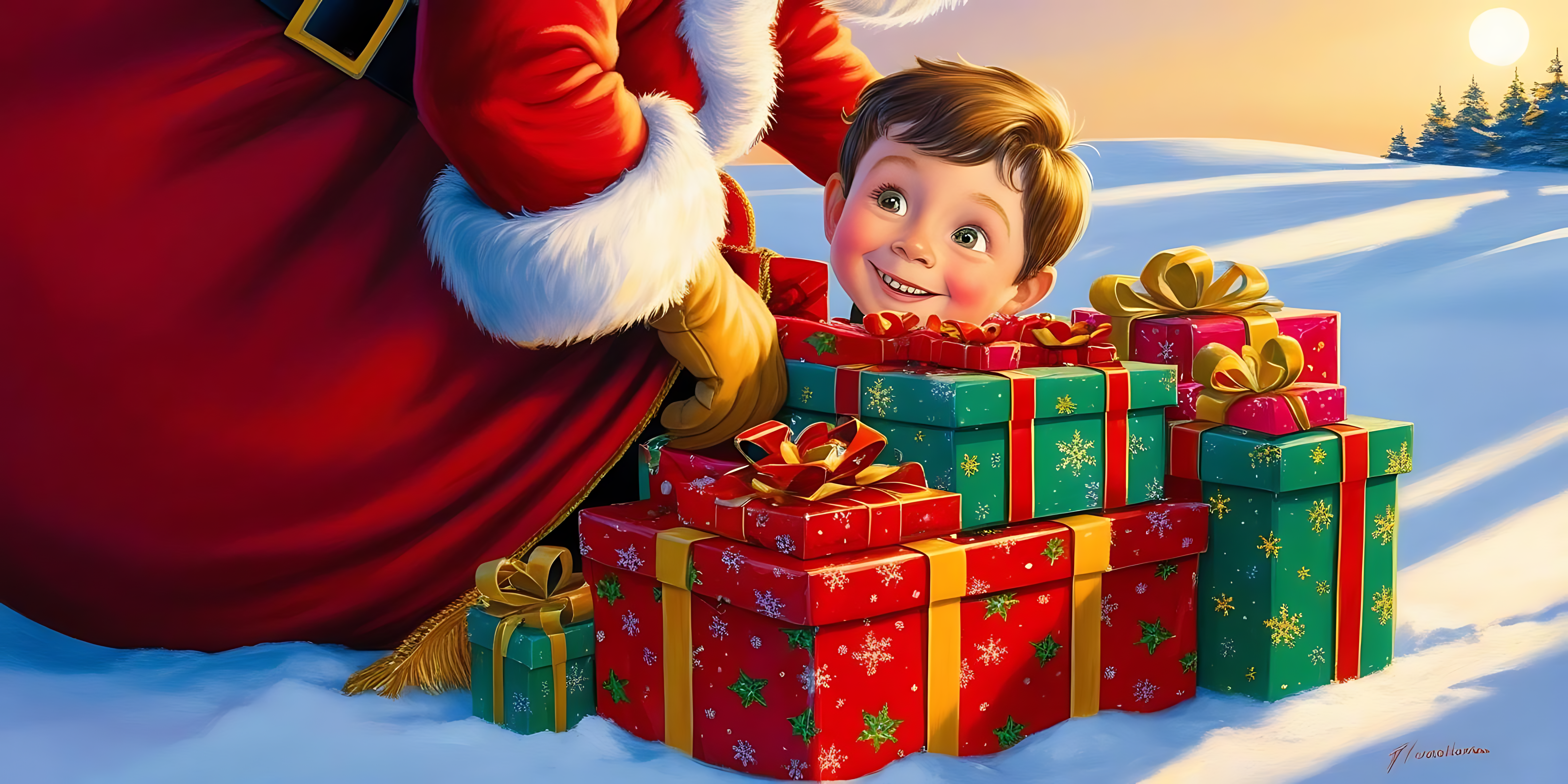 Si Santa Claus na nagbibigay ng mga regalo Wallpaper