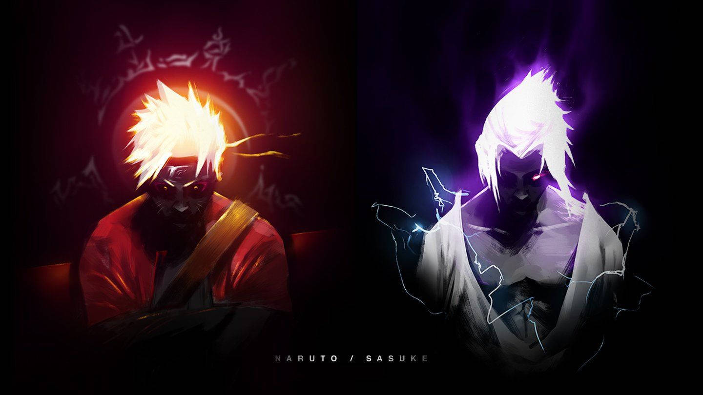 Si Sasuke at ang kanyang habambuhay na karibal na si Naruto, na nagpapakita ng tindi ng kanilang tunggalian Wallpaper