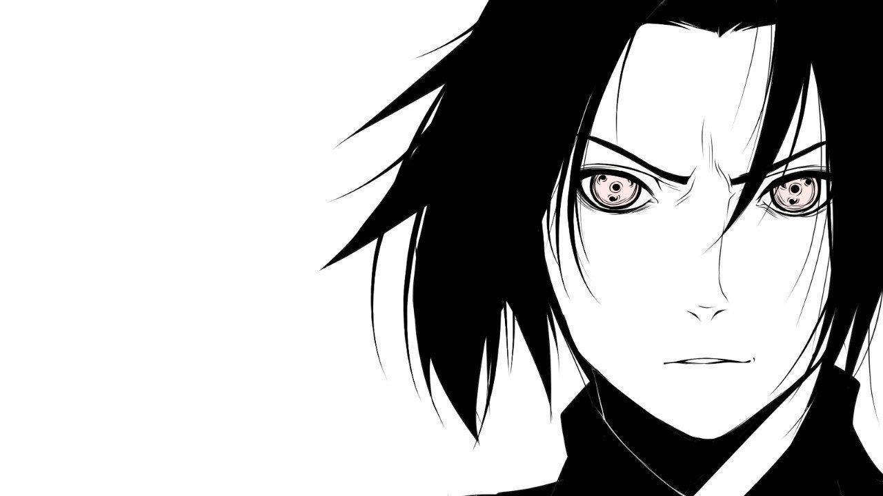 Si Sasuke Uchiha sa kanyang itim-at-puting anyo Wallpaper