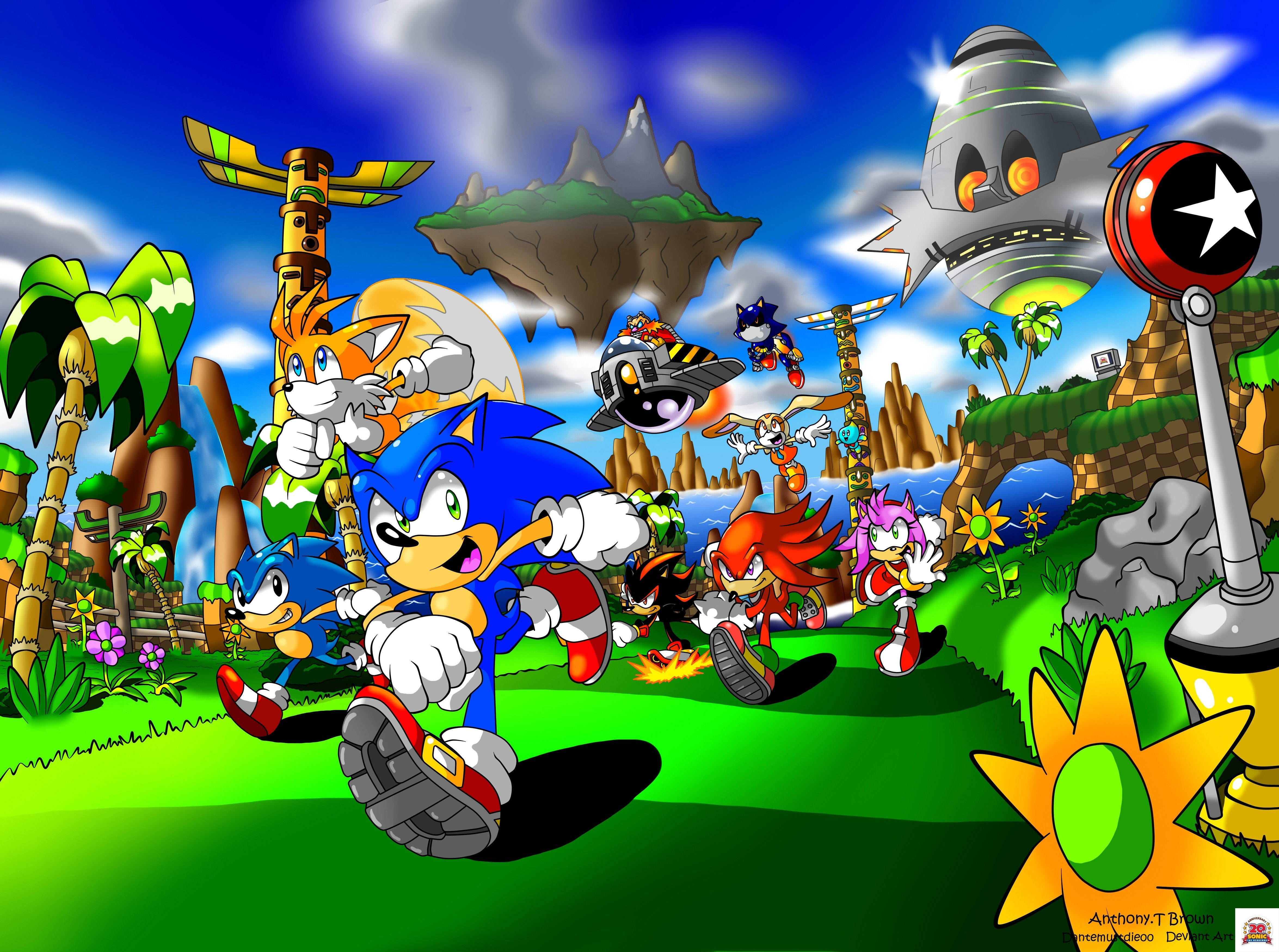 Si Sonic the Hedgehog na tumatakbo nang mabilis sa magandang tropikal na gubat Wallpaper