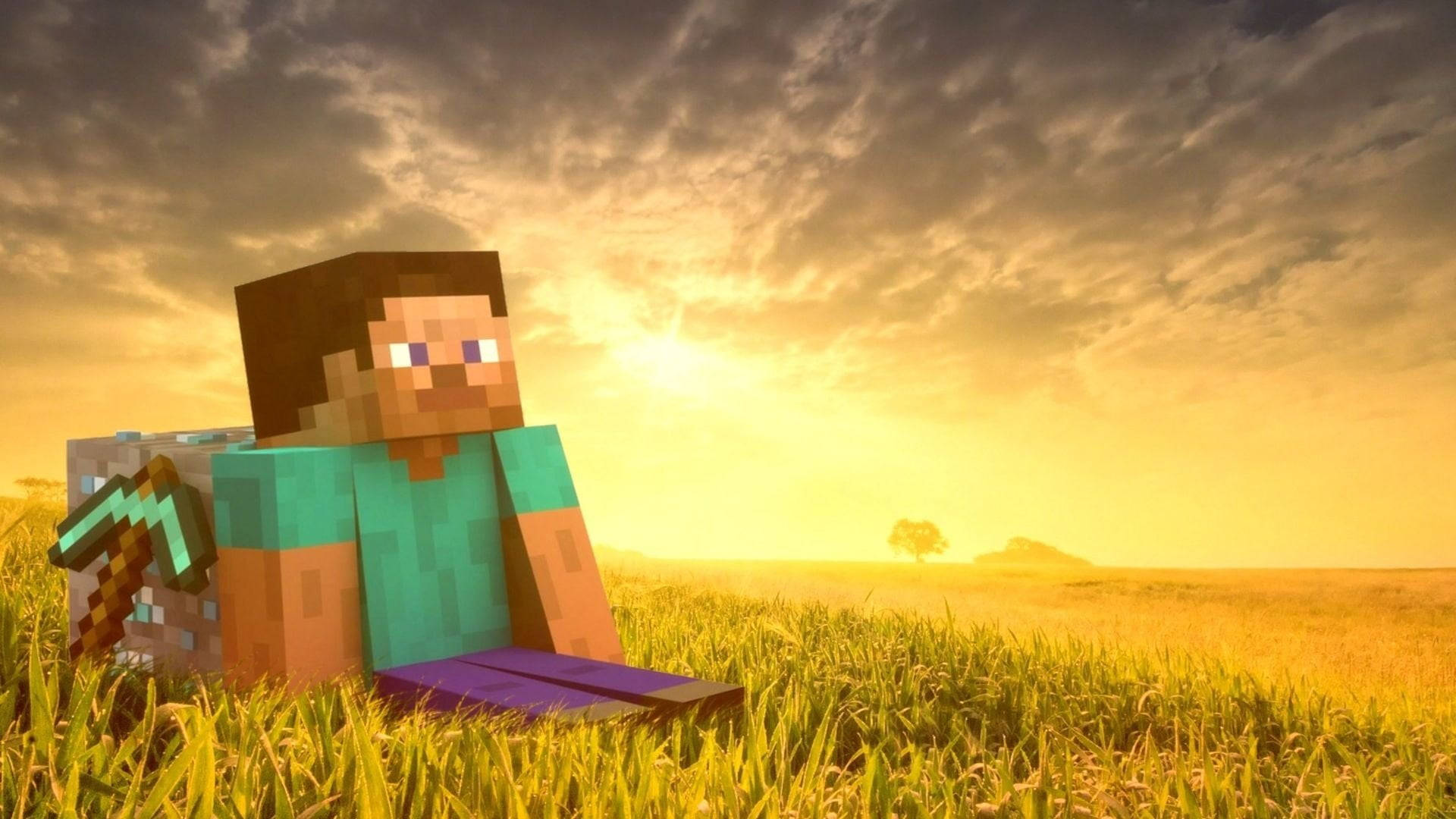 Si Steve na Nanonood ng Paglubog ng Araw sa Tanawin ng Minecraft Wallpaper