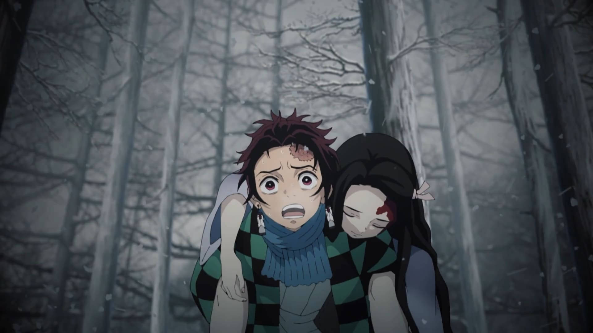 Si Tanjiro na may bitbit na Nezuko sa Demon Slayer Wallpaper