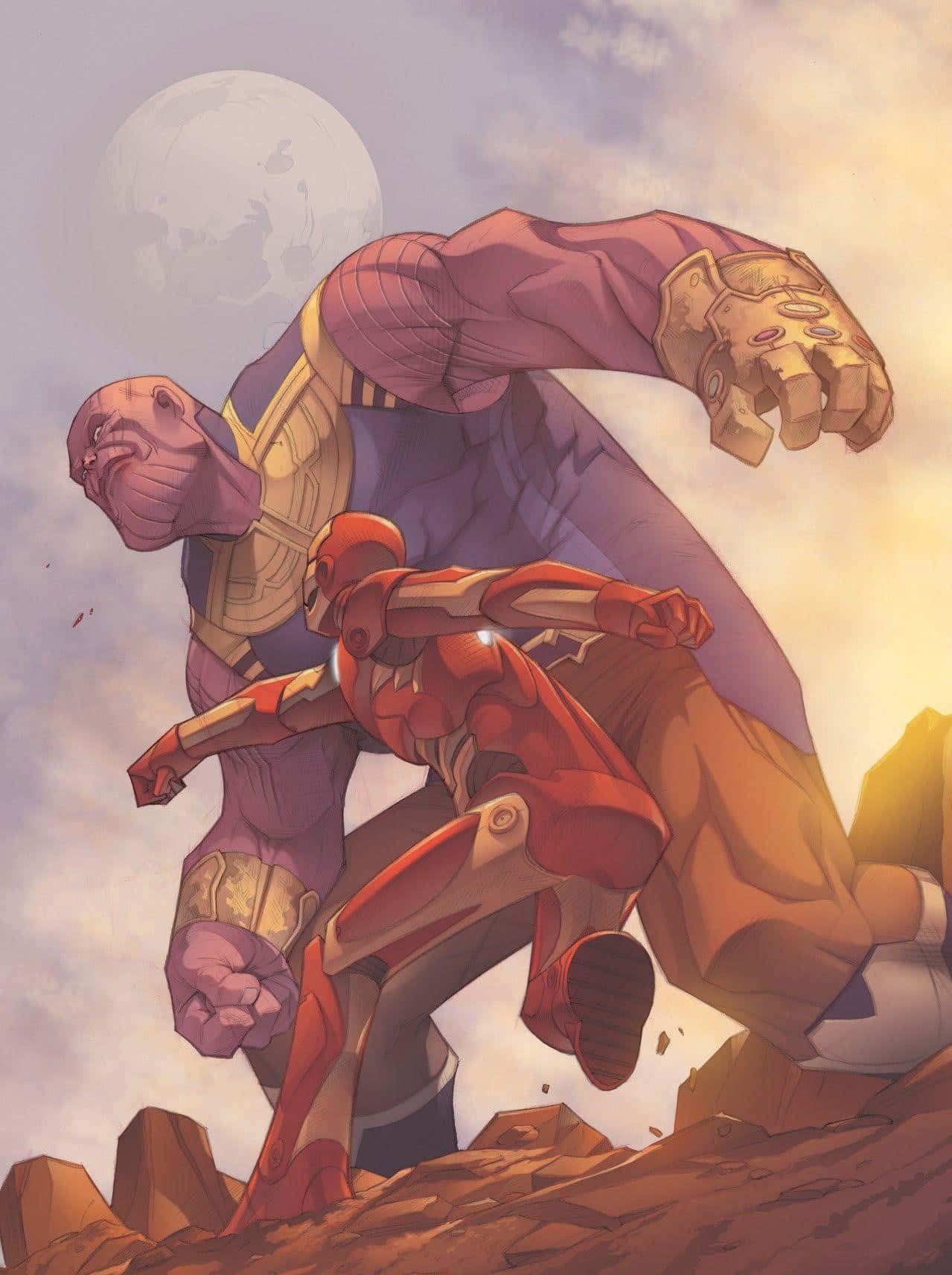 Si Tony Stark ay lumalaban kay Thanos para sa kapalaran ng uniberso. Wallpaper
