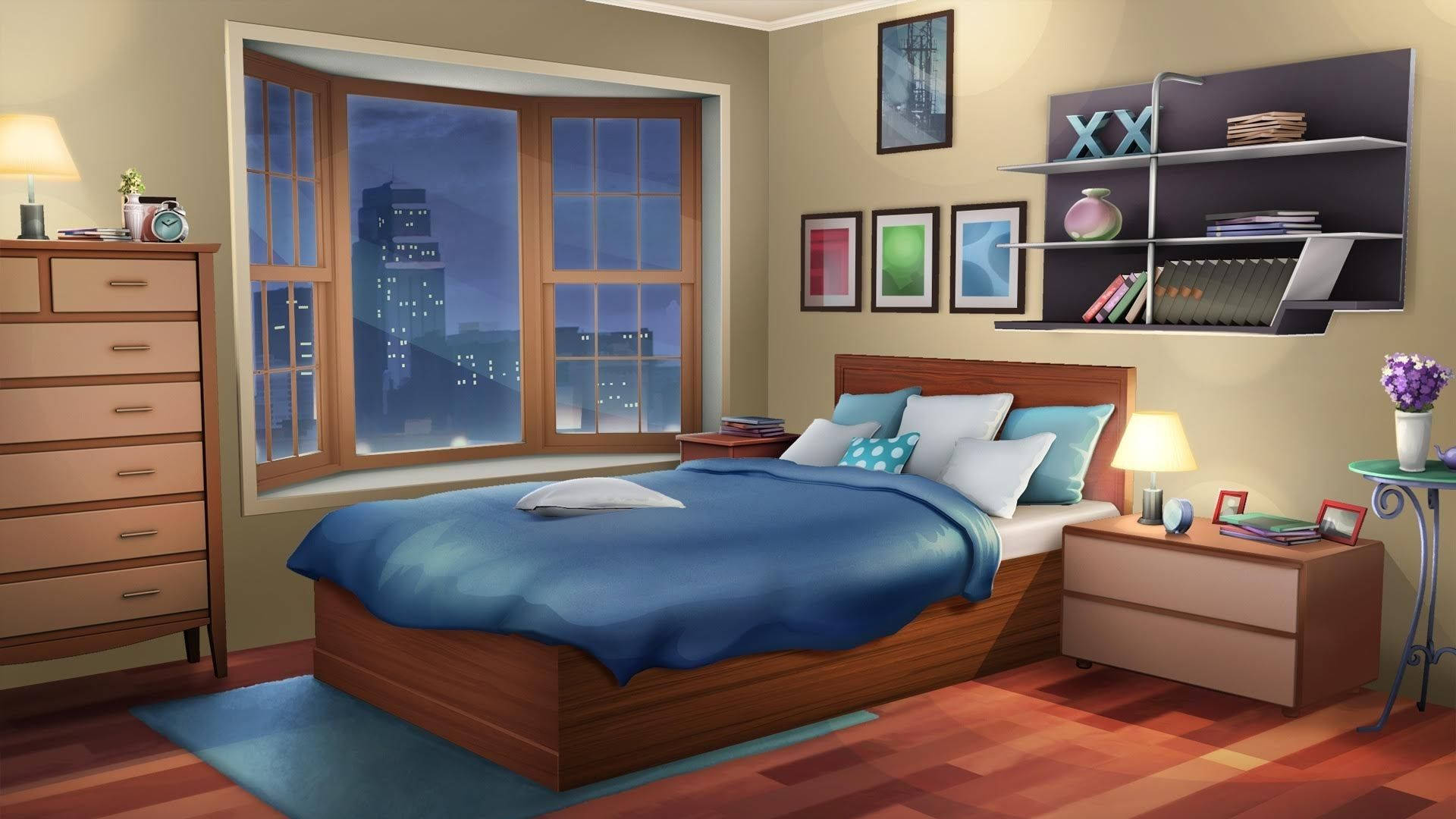 Silid na Anime sa Gabi Wallpaper