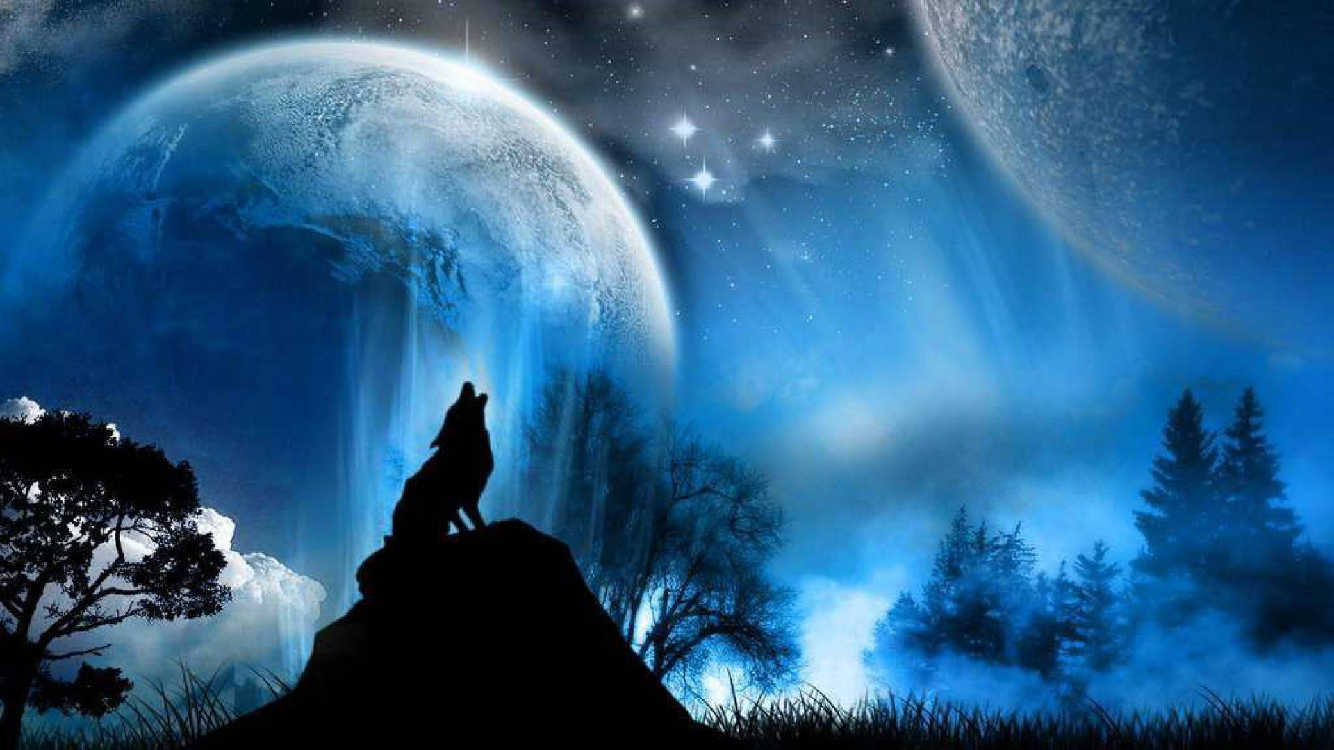 Silweta ng Astig na Lobo na Umaalulong Wallpaper