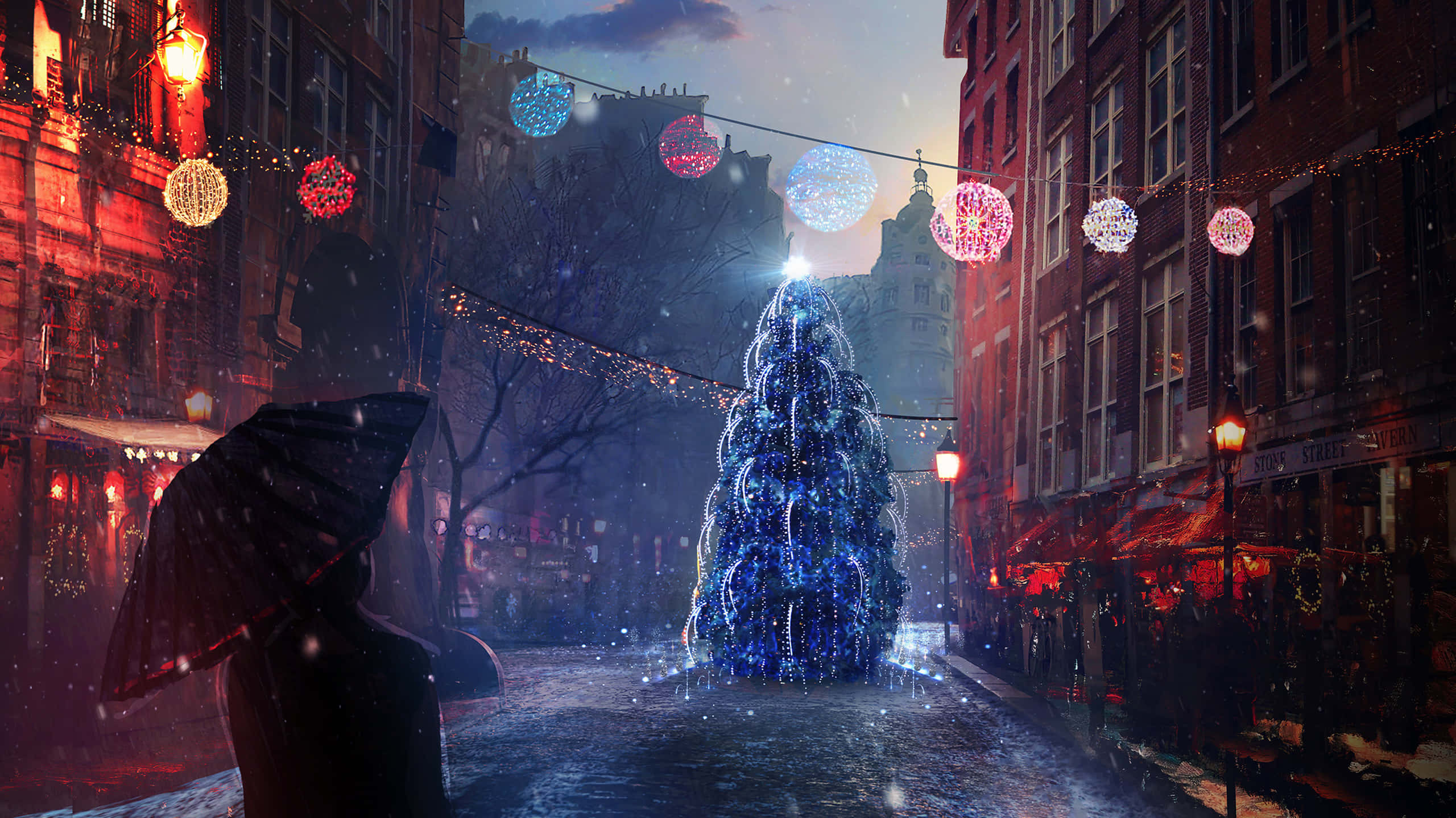 Silweta ng Bisperas ng Pasko na may Payong Wallpaper