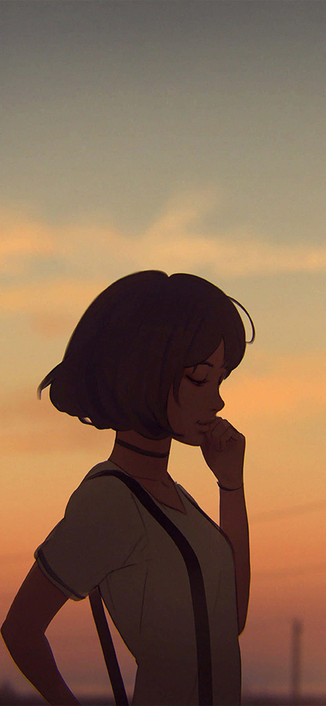 Silweta ng Korean Anime na Babae sa Paglubog-lubog ng Araw Wallpaper