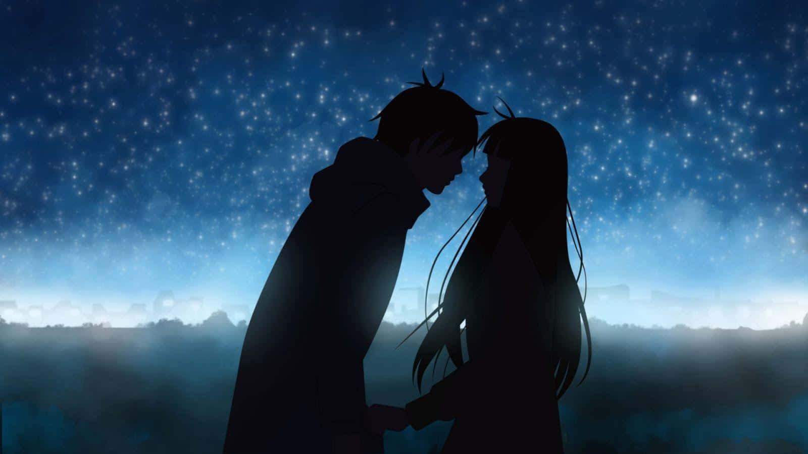 Silweta ng Magkasintahang Anime sa Asul na Kalangitan sa Gabi Wallpaper