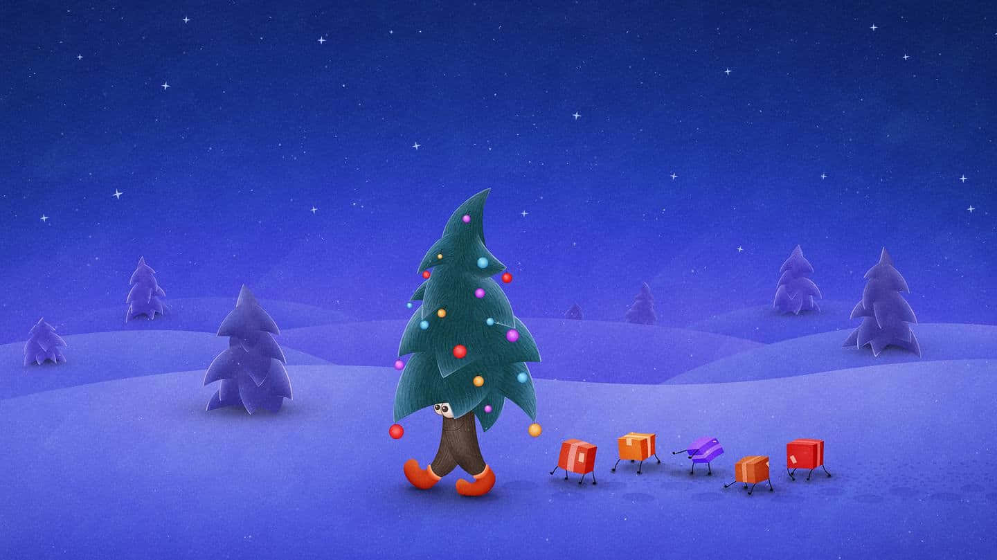 Simpleng background ng Pasko na may mga ilaw, puno ng pino, at korona Wallpaper